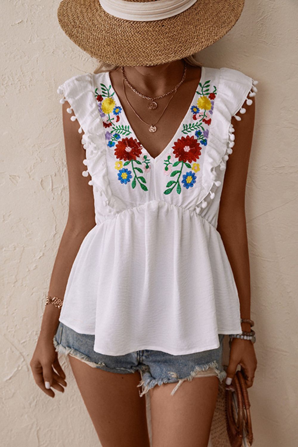 Boho Embroidered Pom-Pom Trim Cap Sleeve Babydoll Top – OliverandJade