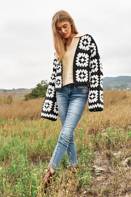 Bohemian Two-Tone Floral Square Crochet Open Knit Cardigan