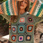 Bohemian Floral Crochet Striped Sleeve Cropped Knit Sweater