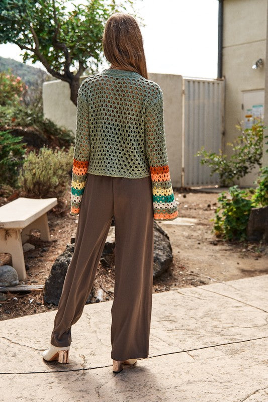 Bohemian Floral Crochet Striped Sleeve Cropped Knit Sweater