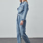 Bohemian Belted Collared Button Front Denim Workwear Jumpsuit