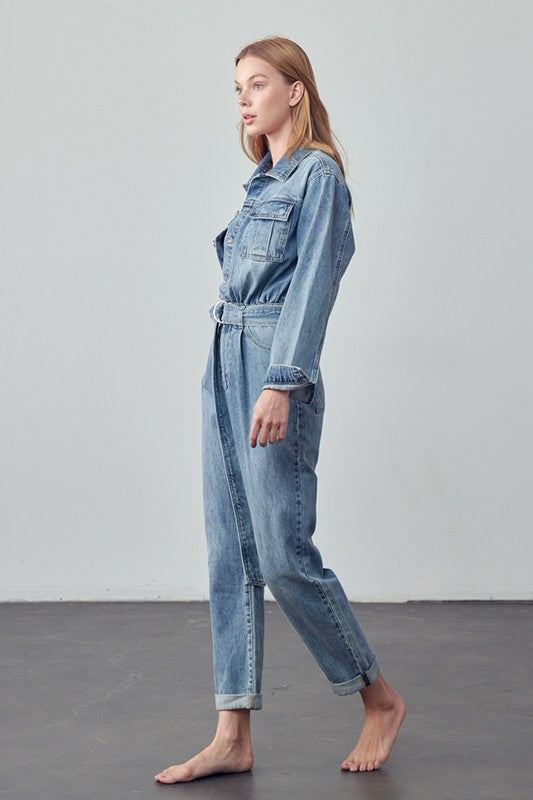 Bohemian Belted Collared Button Front Denim Workwear Jumpsuit