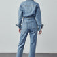 Bohemian Belted Collared Button Front Denim Workwear Jumpsuit