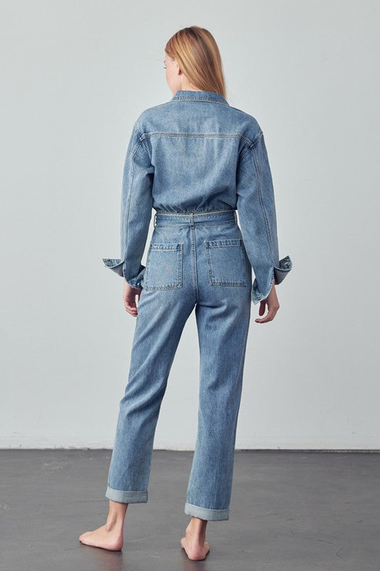 Bohemian Belted Collared Button Front Denim Workwear Jumpsuit