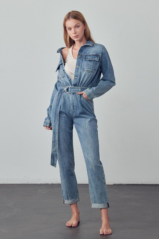 Bohemian Belted Collared Button Front Denim Workwear Jumpsuit