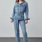 Bohemian Belted Collared Button Front Denim Workwear Jumpsuit