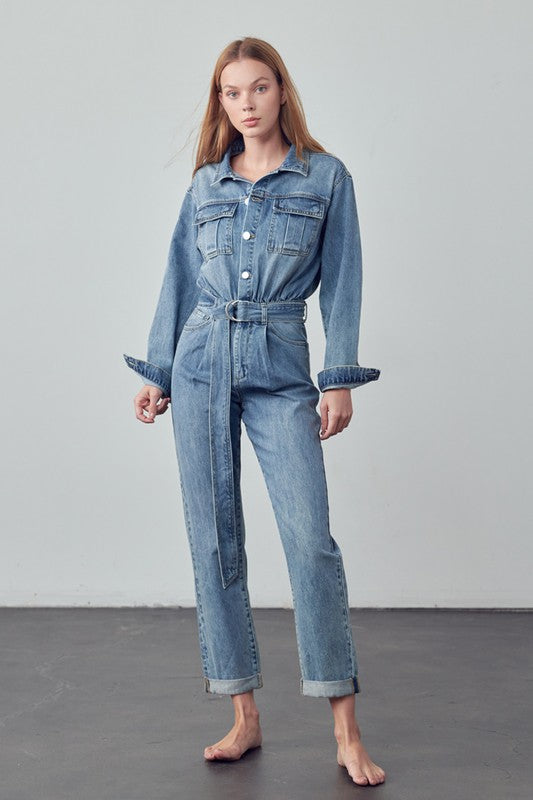 Bohemian Belted Collared Button Front Denim Workwear Jumpsuit