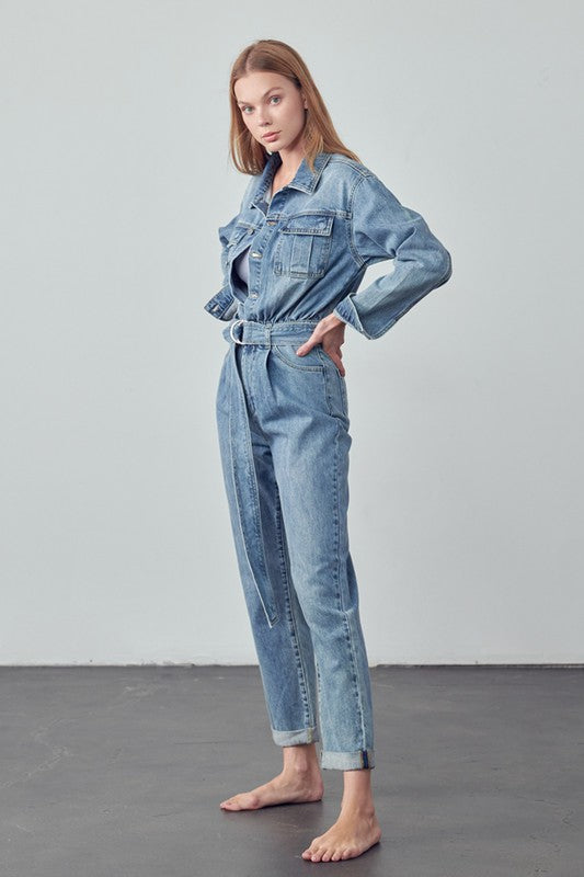 Bohemian Belted Collared Button Front Denim Workwear Jumpsuit