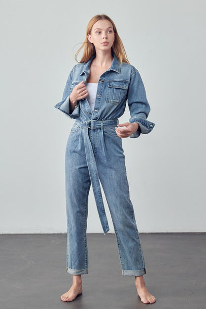 Bohemian Belted Collared Button Front Denim Workwear Jumpsuit