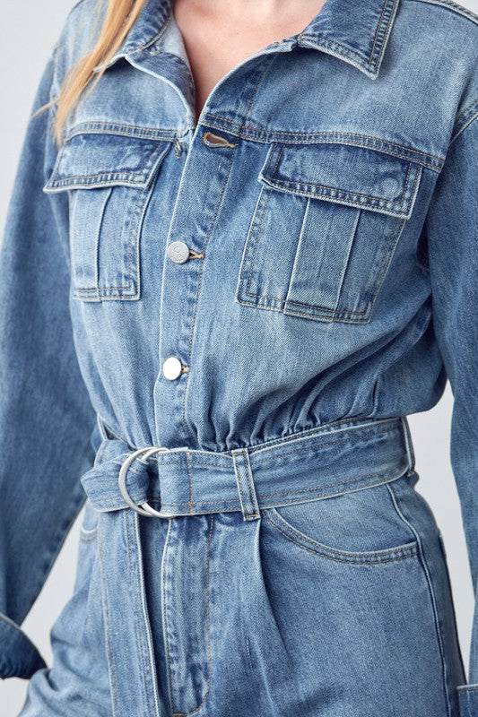 Bohemian Belted Collared Button Front Denim Workwear Jumpsuit