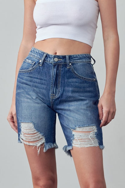 Boho High Rise Ripped Bermuda Denim Shorts