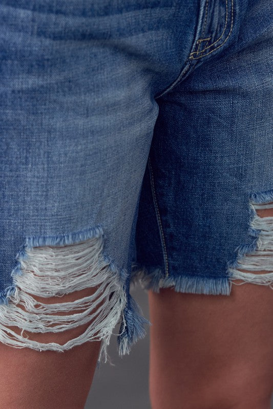 Boho High Rise Ripped Bermuda Denim Shorts