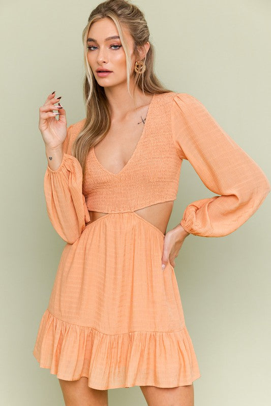 Bohemian V-Neck Smocking Bodice Cutout Dress