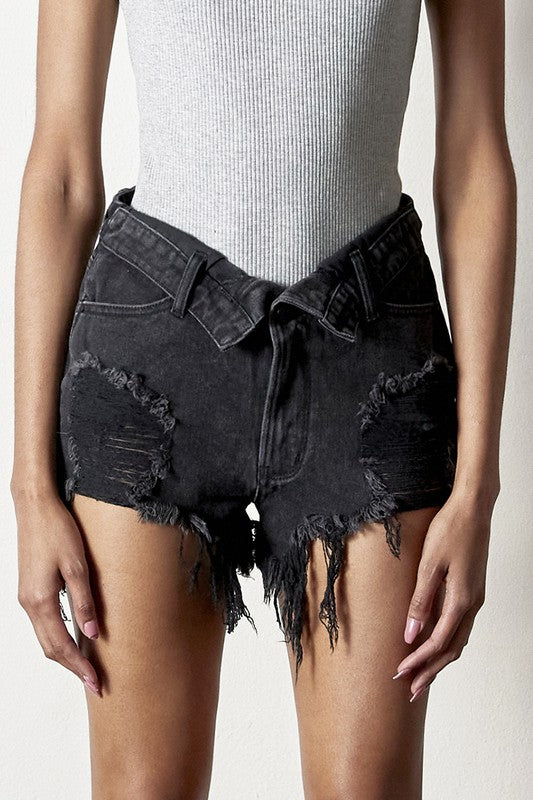 Bohemian Destroyed Flip Waist Band Denim Shorts