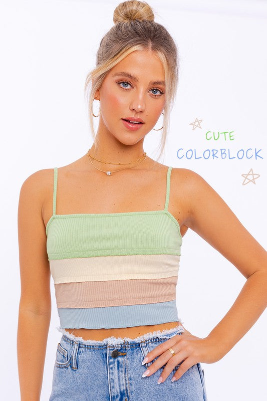 Bohemian Lettuce Hem Color Block Detail Spaghetti Top