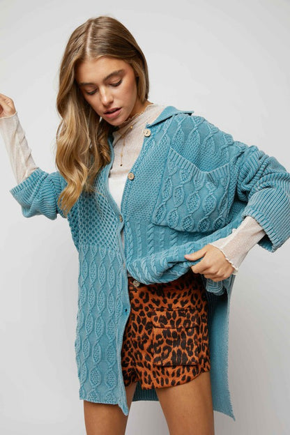 Bohemian Pattern Knit Oversized Solid Button Down Cardigan