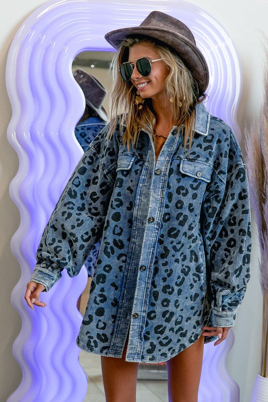 Bohemian Vintage Washed Leopard Corduroy Buttoned Jacket