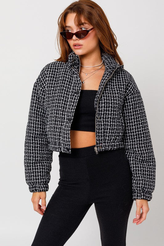 Bohemian Tweed Crop Puffer Jacket