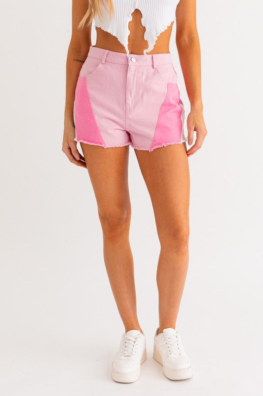 Bohemian Color Blocked Pink Denim Shorts