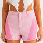 Bohemian Color Blocked Pink Denim Shorts