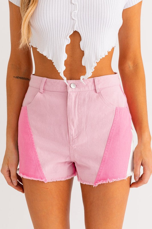 Bohemian Color Blocked Pink Denim Shorts