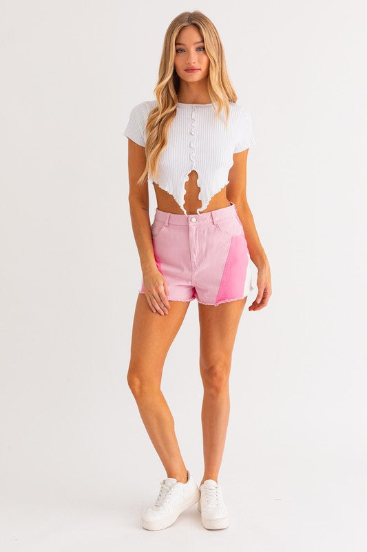 Bohemian Color Blocked Pink Denim Shorts