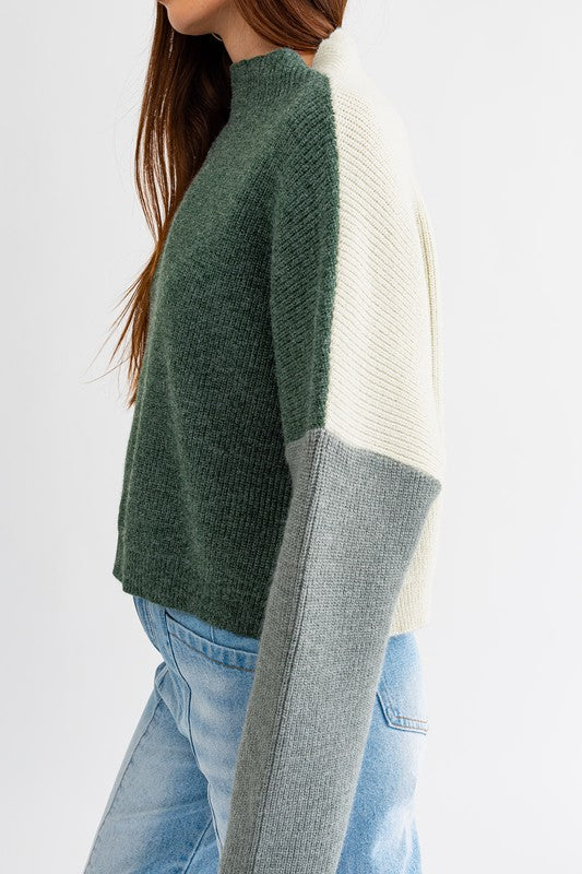 Bohemian Color Block Oversized Cropped Mock Neck Sweater