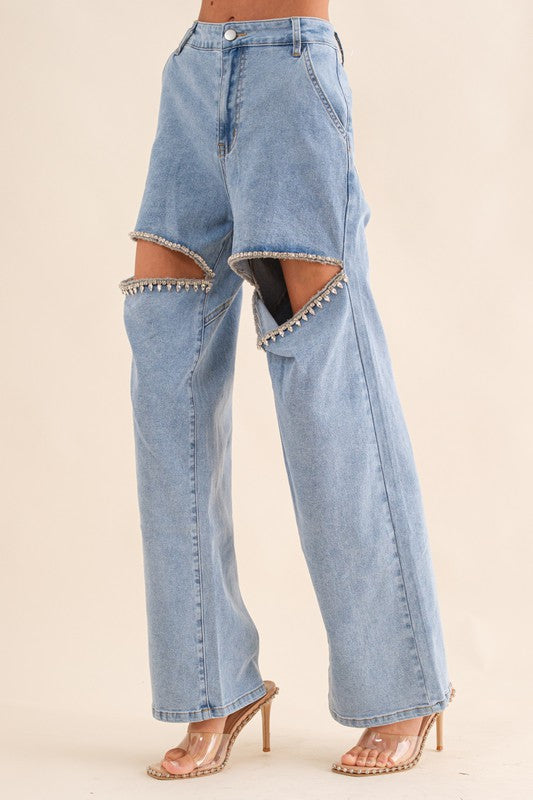 Bohemian Washed Denim Cut Front Rhinestone Jeans