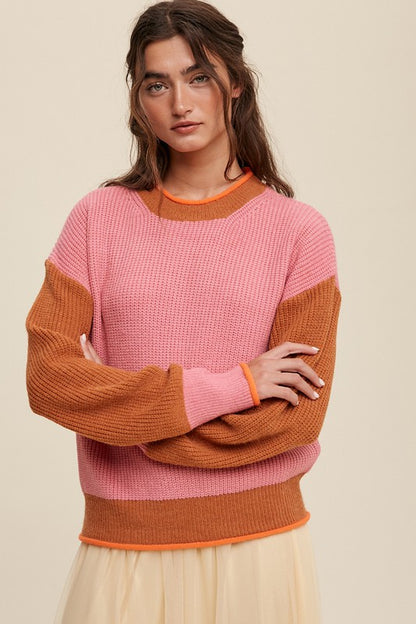 Bohemian Color Block Pink Ribbed Knit Sweater