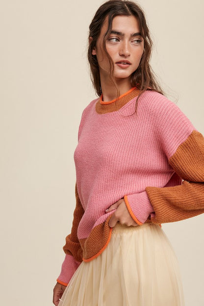 Bohemian Color Block Pink Ribbed Knit Sweater