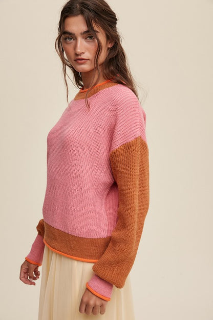 Bohemian Color Block Pink Ribbed Knit Sweater