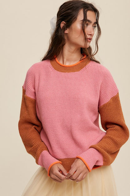 Bohemian Color Block Pink Ribbed Knit Sweater