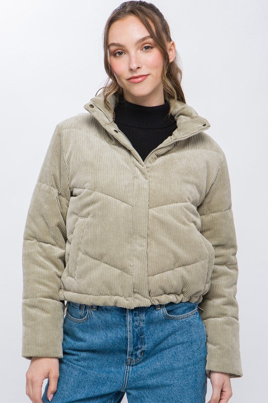 Bohemian Corduroy Puffer Jacket with Toggle Detail