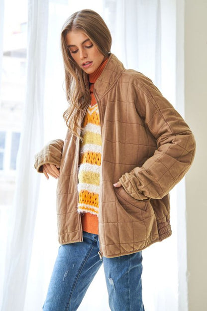 Bohemian Washed Soft Comfy Quilting Zip Closure Jacket