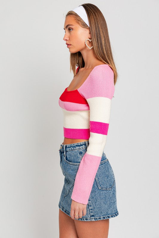 Bohemian Long Sleeve Color Block Stripe Knit Top