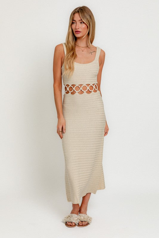 Bohemian Square Neck Sleeveless Crochet Midi Dress