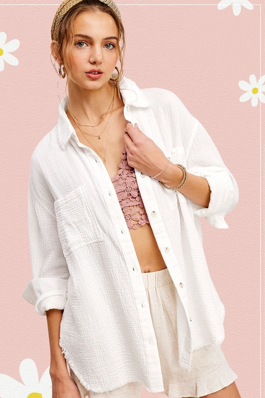 Bohemian Soft Washed Crinkled Gauze Button Down Shirt