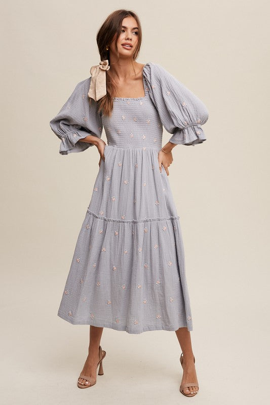 Bohemian Ditzy Floral Embroidery Puff Sleeve Maxi Dress