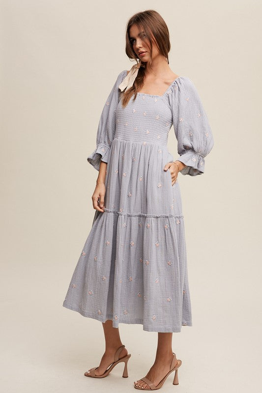 Bohemian Ditzy Floral Embroidery Puff Sleeve Maxi Dress