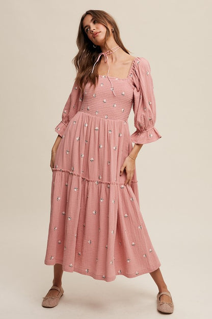 Bohemian Ditzy Floral Embroidery Puff Sleeve Maxi Dress