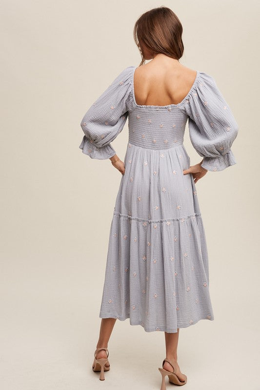 Bohemian Ditzy Floral Embroidery Puff Sleeve Maxi Dress