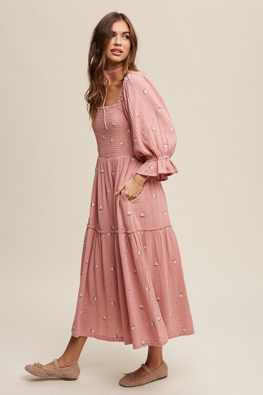 Bohemian Ditzy Floral Embroidery Puff Sleeve Maxi Dress