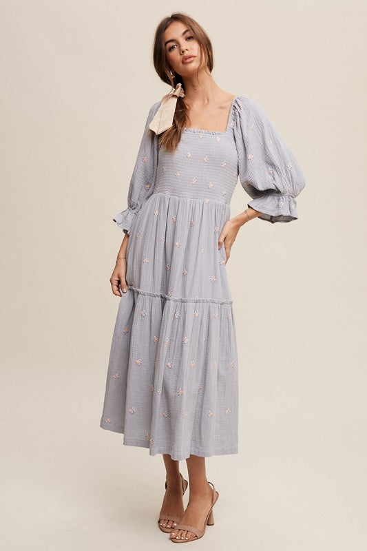 Bohemian Ditzy Floral Embroidery Puff Sleeve Maxi Dress