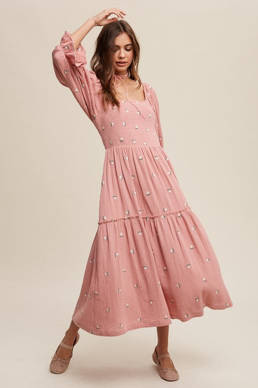 Bohemian Ditzy Floral Embroidery Puff Sleeve Maxi Dress