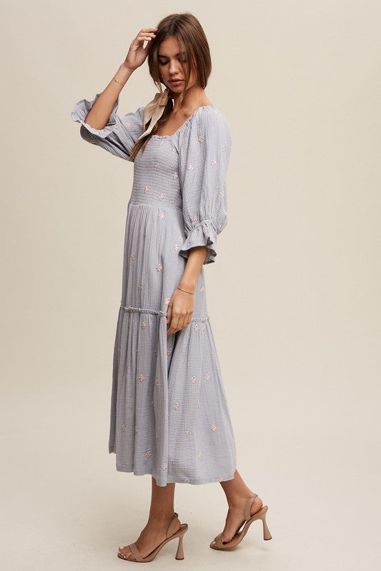 Bohemian Ditzy Floral Embroidery Puff Sleeve Maxi Dress