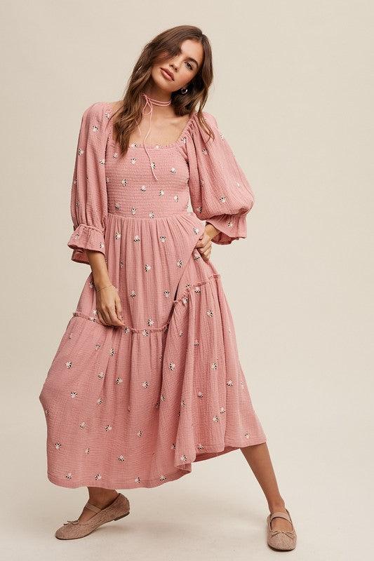 Bohemian Ditzy Floral Embroidery Puff Sleeve Maxi Dress