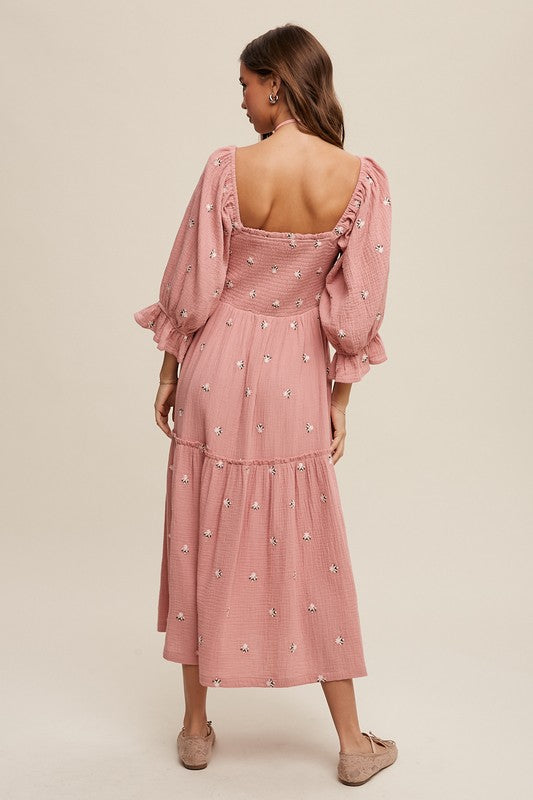 Bohemian Ditzy Floral Embroidery Puff Sleeve Maxi Dress