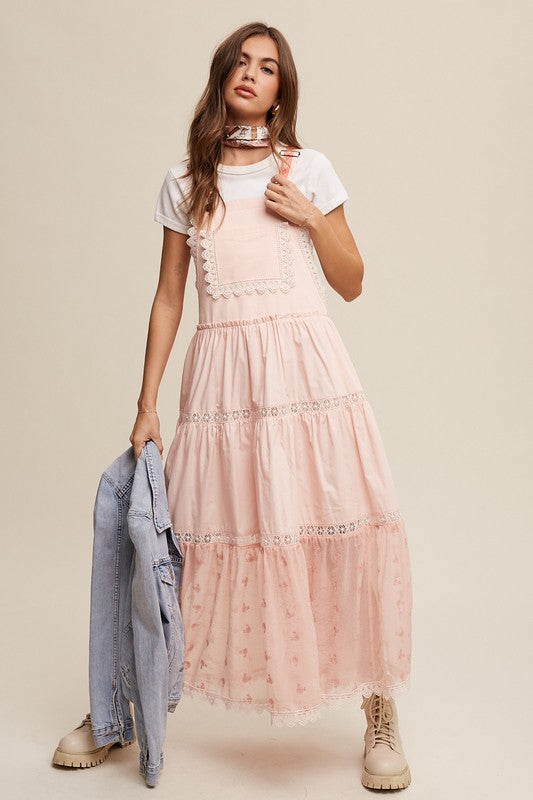 Bohemian Laced and Tiered Romantic Overall Maxi Dress Peach Amber L