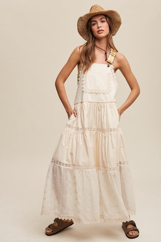 Bohemian Laced and Tiered Romantic Overall Maxi Dress