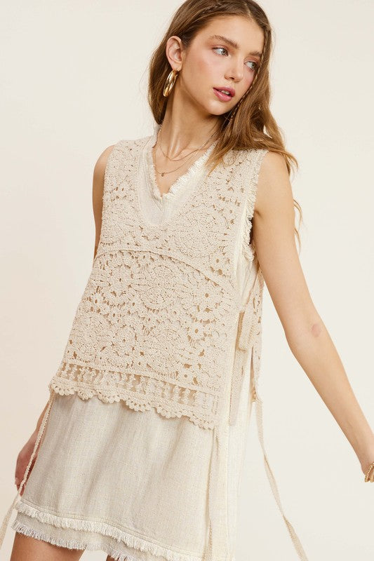 Bohemian Self Side Tie Detailed Crochet Vest Top